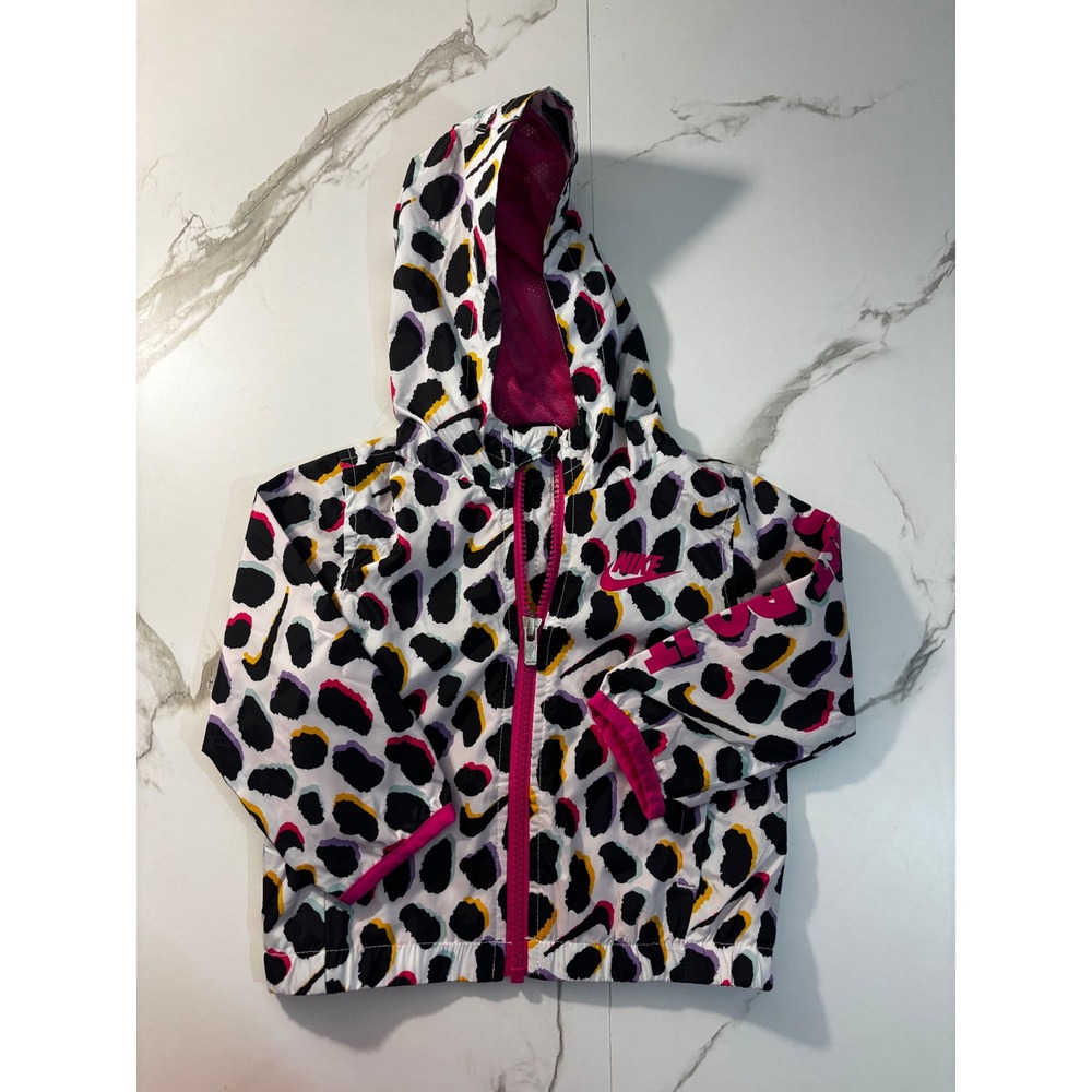Nike Toddler Girls Leopard Print Hooded Windbreaker Jacket Pink White 18M